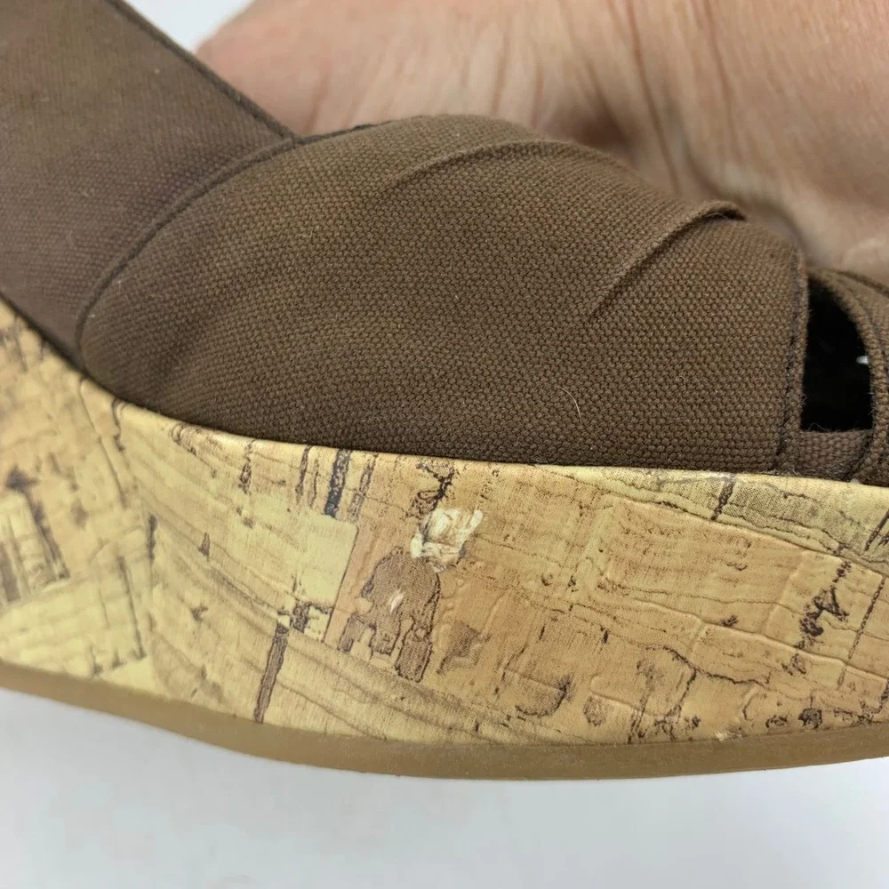 2000s Y2K American Eagle Brown Canvas Cork Wedge Slingback Sandals Peep 7.5